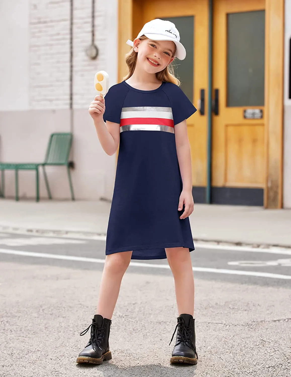 Arshiner Girls Summer Dress Kids Short Sleeve Cotton Printed T-Shirt Dresses