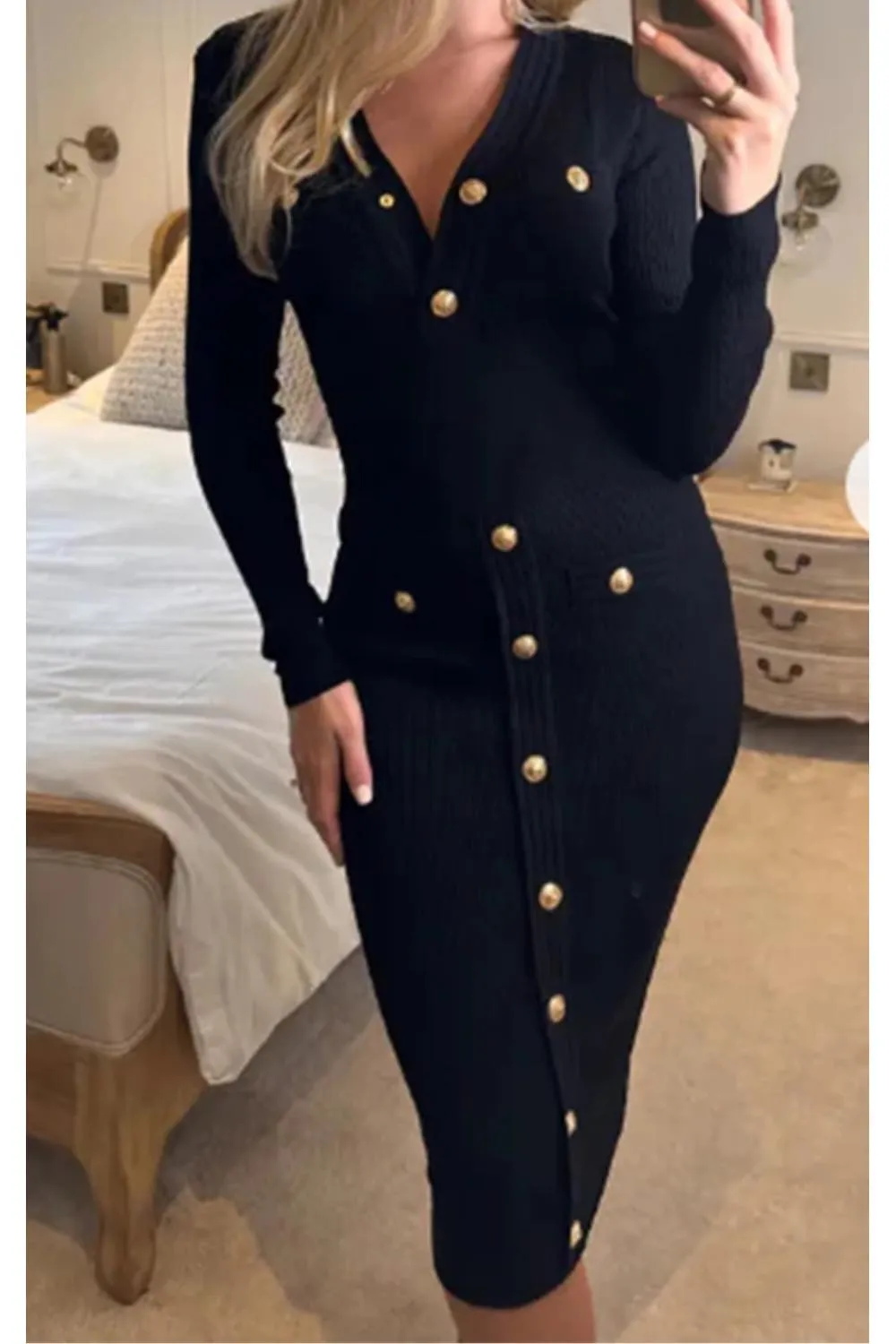 Bodycon Dress with Gold Buttons in Black