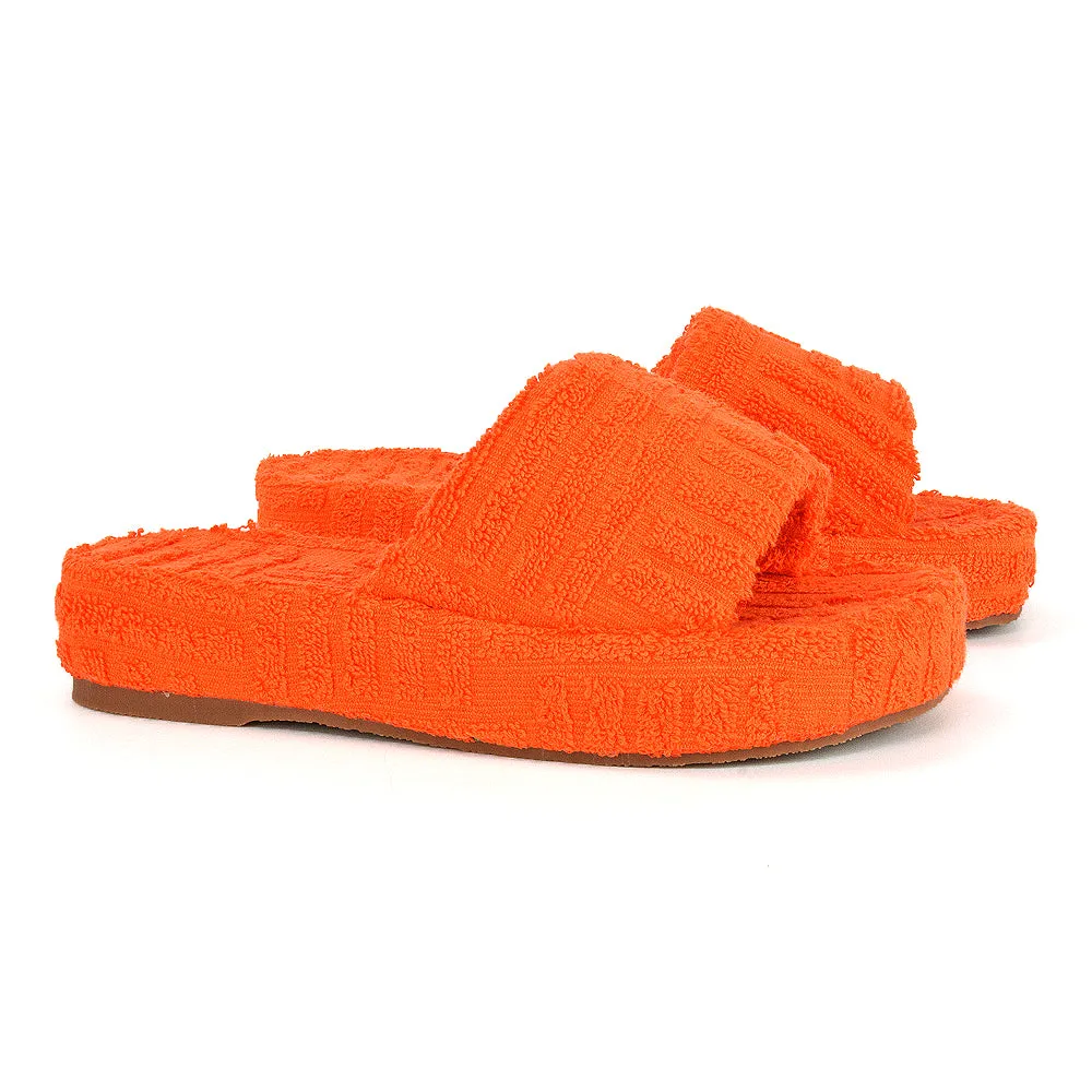 Darla Terry Towelling Sliders Beach Platform Flat Sandals Slippers In Orange