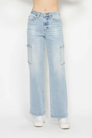 Judy Blue High Waist Straight Cargo Jeans in Light Wash