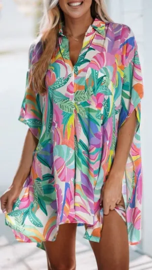 Multicolor Plant Print Button-up Half Sleeve Beach Cover Up