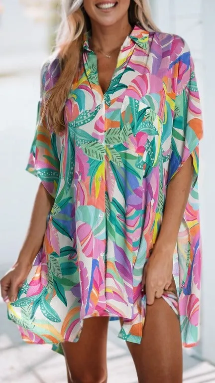 Multicolor Plant Print Button-up Half Sleeve Beach Cover Up