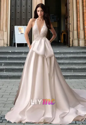 V-Neck Sleeveless Appliques Pleated Sleek A-Line Wedding Dress